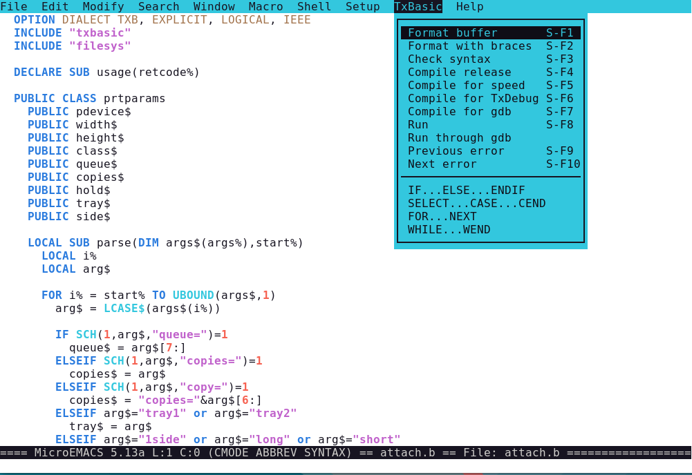 TxBasic IDE,
              MicroEmacs based, showing a CLASS declaration with syntax
              highlighting and the TxBasic menu open (Format buffer,
              Check syntax, Compile release/speed/TxDebug/gdb, Run,
              statement templates)